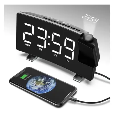 (White) 8-Inch Projection Alarm Clock: Projector, FM Radio, Snooze, USB Charger & 3-Level Bright