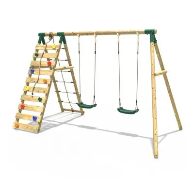 (Ela, Green) Rebo Wooden Swing Set with Up and Over Climbing Wall