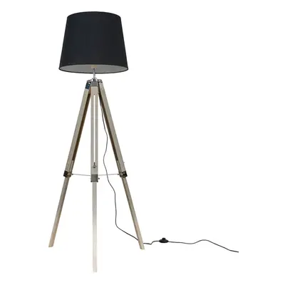 Modern Distressed Wood and Silver Chrome Tripod Floor Lamp with a Black Tapered Light Shade - Co