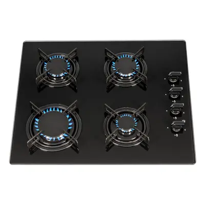 SIA GHG612BL 60cm Black Burner Gas On Glass Hob With Enamel Pan Stands & FFD