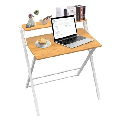 Folding Desk No Assembly Required Small Size,Computer Desk with 2-Tier Shelf