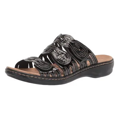 Clarks Women's Leisa Faye Flat Sandal Black Patent Synthetic 7W