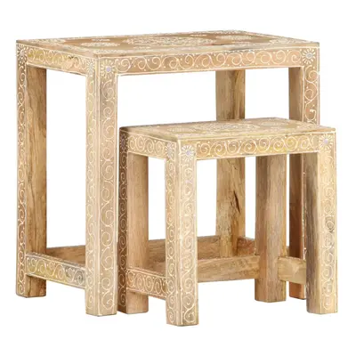 vidaXL Piece Solid Mango Wood Hand-painted Side Table Set Stool Tea Stand