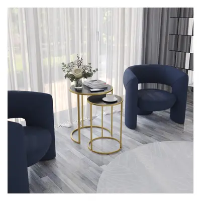 (Gold Legs Black Glass) Pcs Round Nesting Side Tables Set Tempered Glass Top Metal Leg Coffee Ta