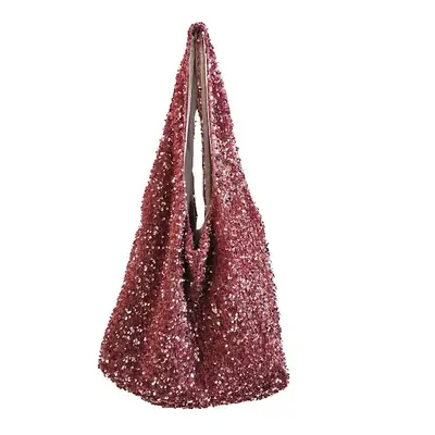 (Pink) Women Fashion Sequins Shoulder Bag Large Capacity Female Glitter Beaded Tote Handbag Merm