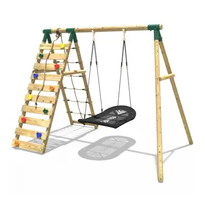 (Eden, Green) Rebo Wooden Swing Set with Up and Over Climbing Wall