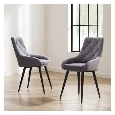 (Grey) 2pcs Velvet Metal Legs Button Upholstered Dining Chairs