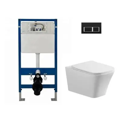 (Complete Set Square WC (Black)) Wall Hung Toilet Rimless DPT Pan, Seat & 1.12m Concealed Cister