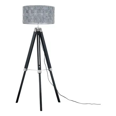 Modern Black Wood and Silver Chrome Tripod Floor Lamp with a Grey Felt Weave Design Cylinder Lig