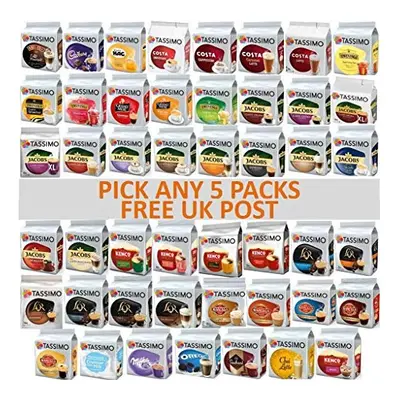 Tassimo Coffee, Tea, Chocolate Pods. Pick Any Packs from Blends Including: Costa, Lattes, Kenco,