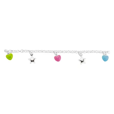 Jewelco London Girls Sterling Silver Baby Blue Pink Green Enamelled Hearts & Stars Charm Bracele