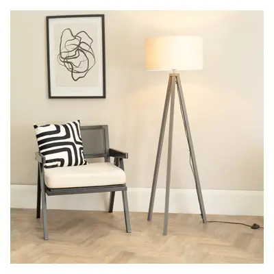 ValueLights Barbro Linen White Trim Drum Shade Grey Tripod Floor Lamp