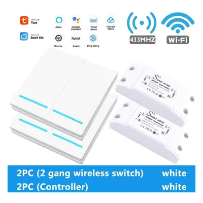 (2White-2Gang-2Controller) Smart Tuya WiFi Light Switch With RF 433Mhz Remote Control DIY Module