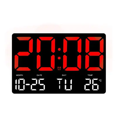 (Red) Large Digital Wall Clock with LED Display, Adjustable Brightness, Indoor Temperature, Date