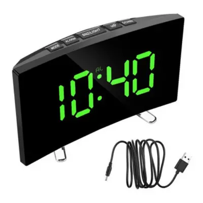 (Green) LED Digital Alarm Clock with Mirror, USB Charging, Adjustable Brightness, Music Options,