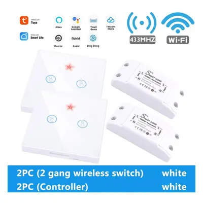 (2pc2 Gang switch+2pc controller white) WiFi Light Switch 220V RF 433MHz With Breakers Remote Co