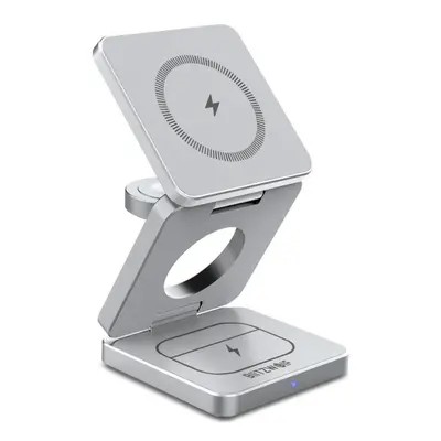 (Silver) 3-in-1 15W Foldable Magnetic Wireless Charger for iPhone, Apple Watch, AirPods - Fast C