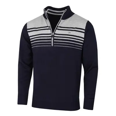 (S, Navy/Silver) Calvin Klein Mens Rapid 1/2 Zip Durable Striped Soft Sweater