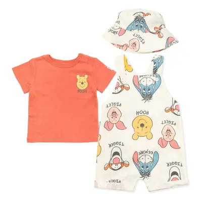 Disney Winnie the Pooh Infant Baby Boys Short Overalls French Terry TShirt and Hat Piece Outfit 