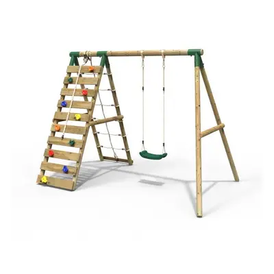 (Aria, Green) Rebo Wooden Swing Set with Up and Over Climbing Wall