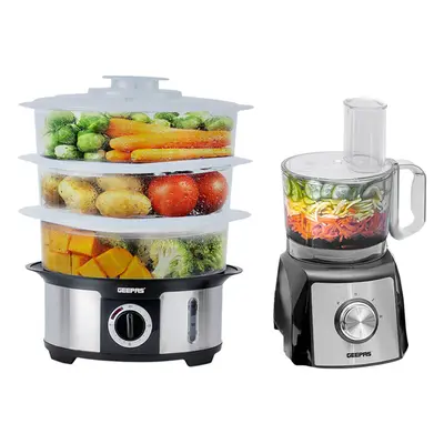 Geepas 3-Tier Food Steamer & 1200W Compact Food Processor Combo Set