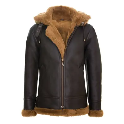 (S) Mens Sheepskin Flying Jacket Hooded Bomber B3 Brwn