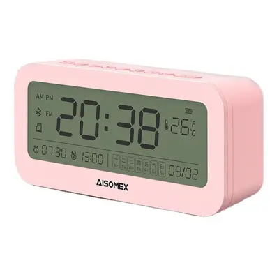 (Pink) Bluetooth Speaker LED Screen Alarm Clock Day Demperature Display Mode Night Light Outdoor