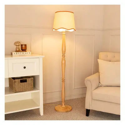 ValueLights Victoria Scallop Rust Trim Shade Wooden Floor Lamp & Bulb