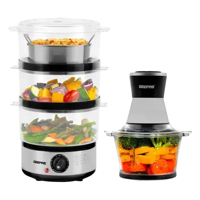 Geepas 3-Tier Food Steamer & 500W Mini Food Processor Combo Set