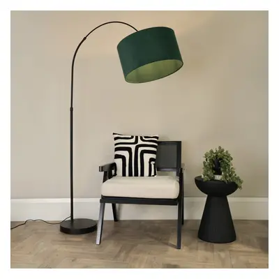 ValueLights Louis Black Arched Floor Lamp with Green Velvet Shade