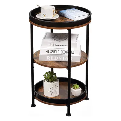 (Rustic Brown) Industrial Nordic Side Table, Three Tier Round Side Table with Storage Shelf Edge