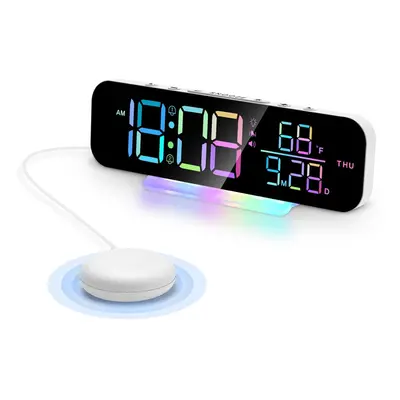 (White) Loud Vibrating Alarm Clock with Bed Shaker for Heavy Sleepers, RGB LED Night Light for H