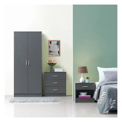 3 Piece Bedroom Furniture Set Wardrobe Chest Drawers Bedside Table Dark Grey