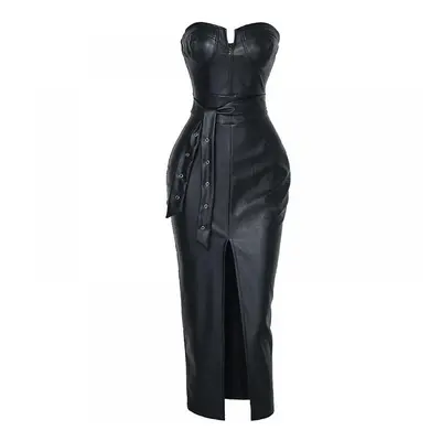 Sexy Strapless Bodycon Pu Leather Dress Women Split Rivet Drop Draped Dress Club Party Wear Fema