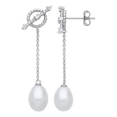 Jewelco London Ladies Rhodium Plated Sterling Silver Cream Oval Pearl CZ Saturn Bead Cluster Rol