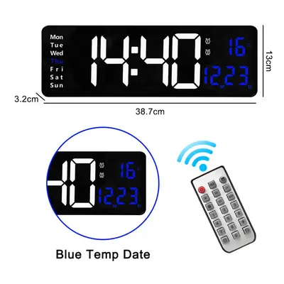 (Black blue) 16-Inch LED Digital Wall Clock with Remote, Auto Brightness, Temperature, Date, Wee