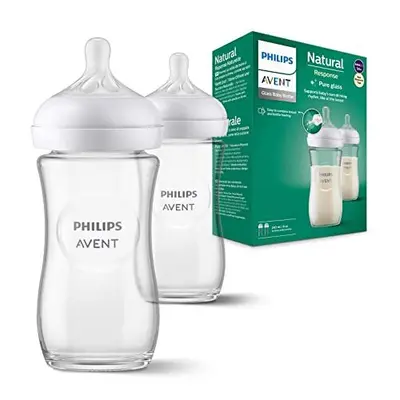 Avent Natural Response Glass Baby Bottle - 2X 240ml Baby Milk Bottle, BPA Free for Newbown Babie