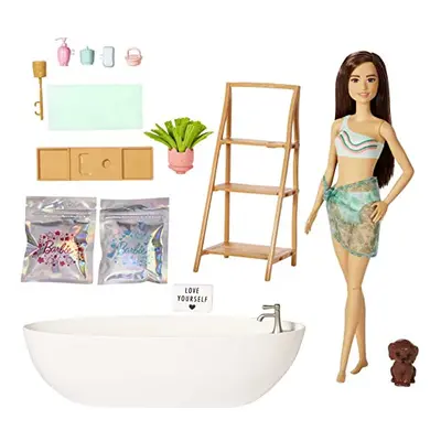 Doll and Bathtub Playset with Puppy, Kids Toys, Brunette, Colorful Confetti Soap and Accessories