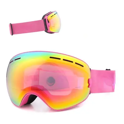 (Frame Pink) Ski Goggles Double Layers UV400 Anti-Fog Big Mask Glasses for Skiing Snowboard