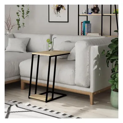 FWStyle Scratch Resistant Sofa End Side Table Natural Oak Finish Metal Frame