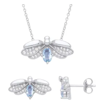 Jewelco London Ladies Rhodium Plated Sterling Silver Blue Oval CZ Firefly Flying Beetle Wings Ea