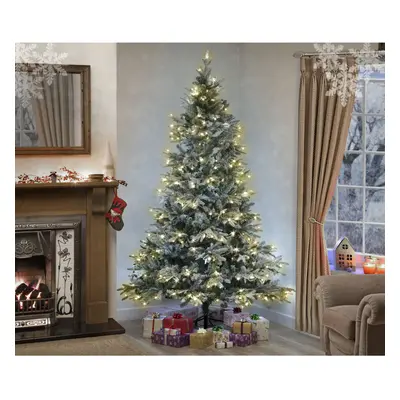 (210cm (7ft) ) Snow Covered Christmas Tree Luxury Lapland Fir - PRELIT - WARM WHITE