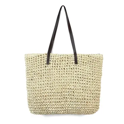 (Beige) Outdoor Portable Straw Weave Handbag Tote Beach Bag Pack Pouch Shoulder Bag