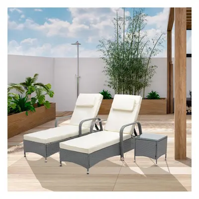 (Grey) MCC Pieces Rattan Sun Lounger Bed Recliner Outdoor Chair & Side Table Set Venice