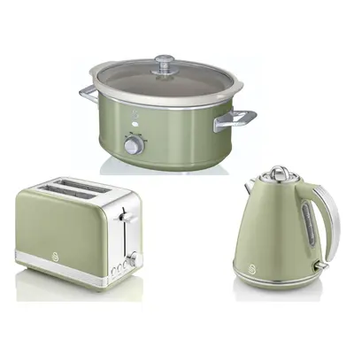 SWAN Retro Green Jug Kettle Slice Toaster & 3.5L Slow Cooker Set