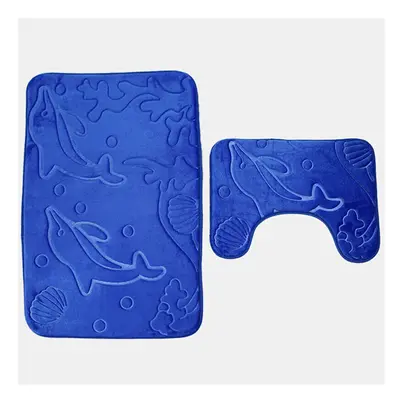 (Blue) 2pcs 3D Dolphin Flannel Toilet Lid Bath Rugs Soft Floor Home Anti Slip Shower Carpets Bat