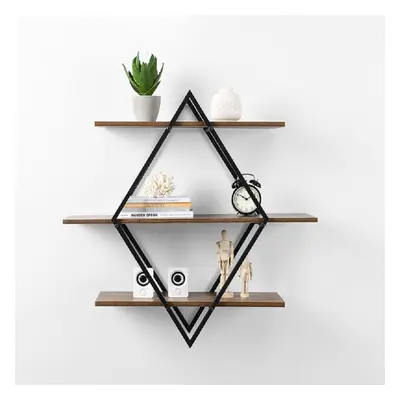 3 Tier Rhombus Black floating shelves MDF wood rustic shelf metal wire G-0478