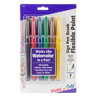 Pentel Arts Sign Pens With Brush Tip 6/Pkg-Assorted