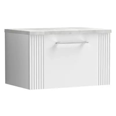 Retro Drawer Wall Hung Vanity Unit with Bellato Grey Laminate Worktop - 600mm - Satin White - Ba