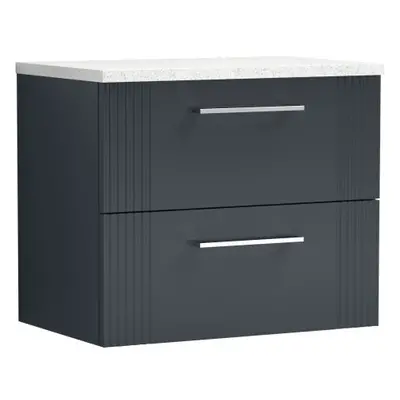 Retro Drawer Wall Hung Vanity Unit with Sparkling White Laminate Worktop - 600mm - Satin Soft Bl